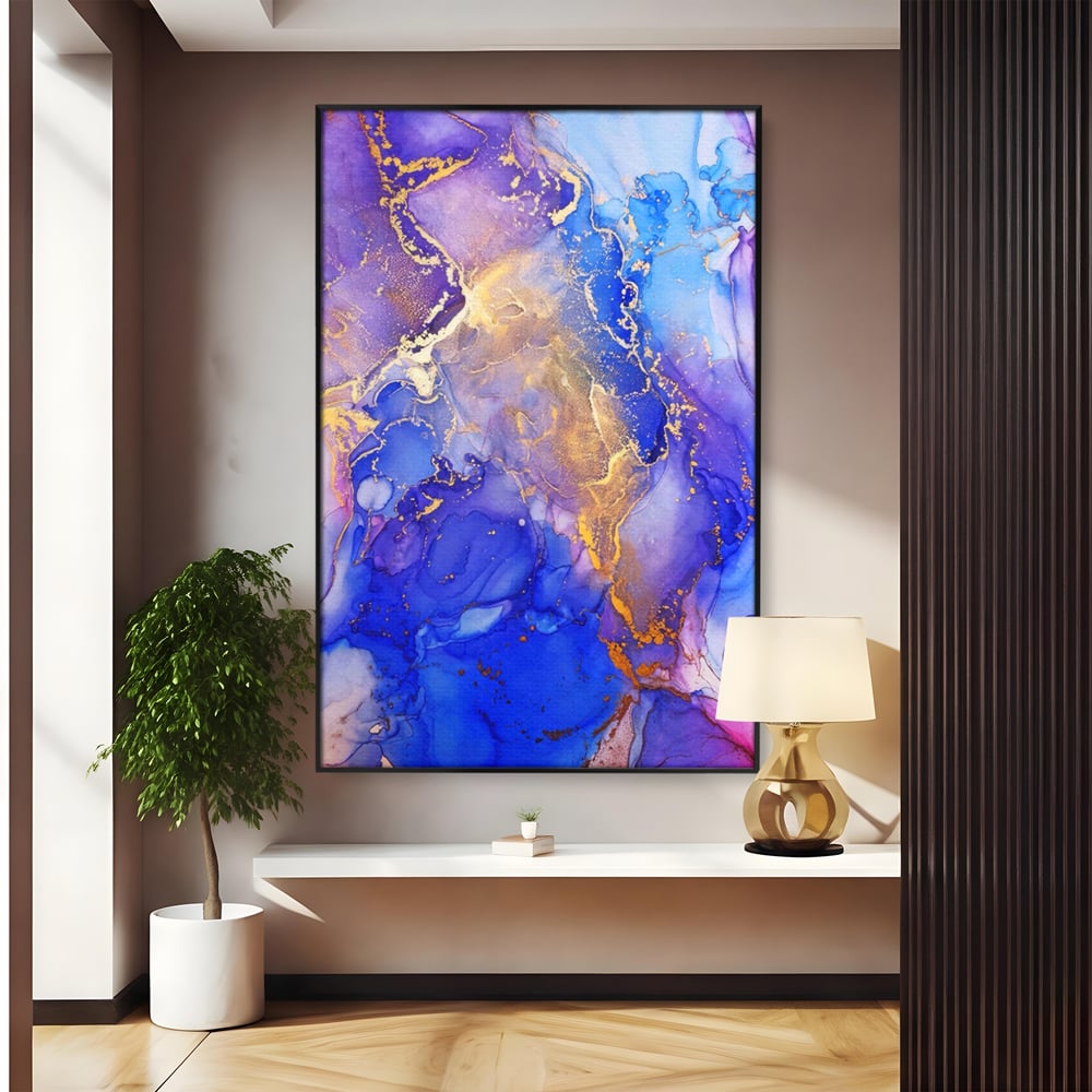 Tablou canvas cu pictura abstracta cu efect de marmura, in rama de aluminiu negru
